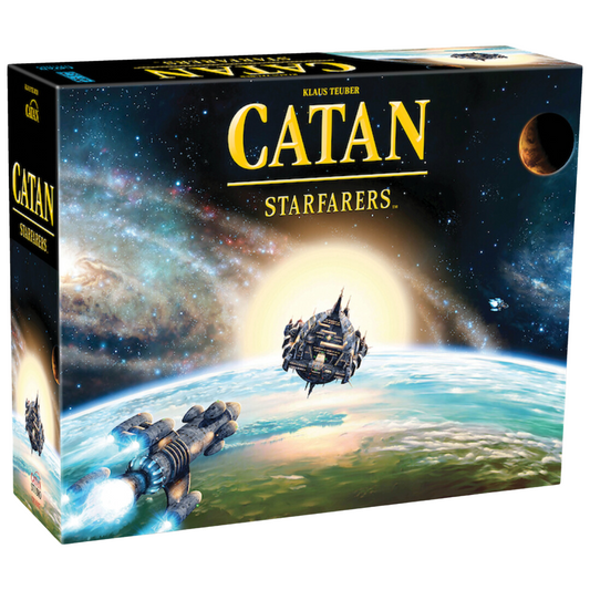 CATAN: Starfarers board game featuring space exploration, premium components, dynamic puzzle-cut game board, motherships, and standalone gameplay in the CATAN universe.