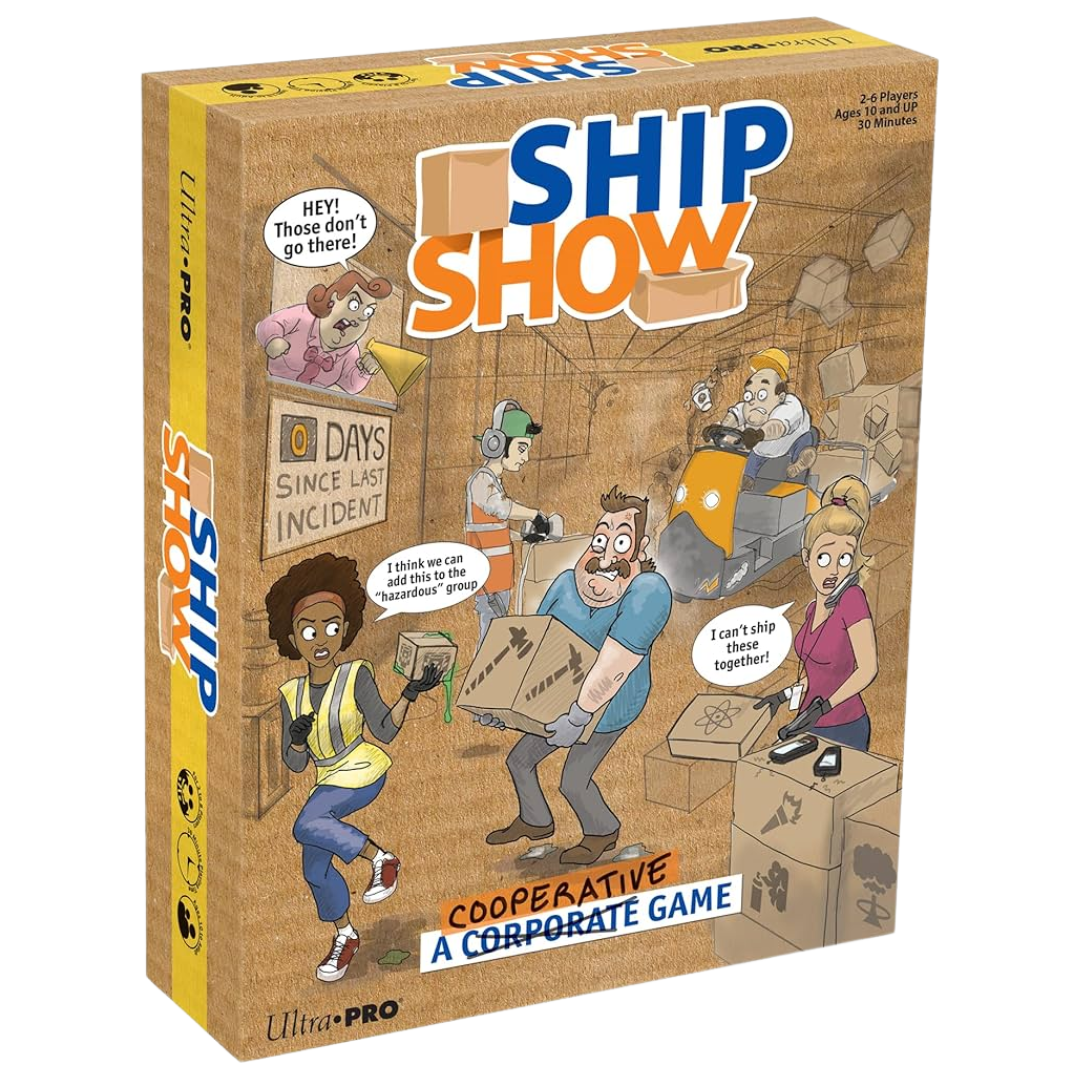 Ship Show cooperative board game with fast-paced shipping challenges, teamwork-based gameplay, and time-sensitive order fulfillment for 2-10 players.