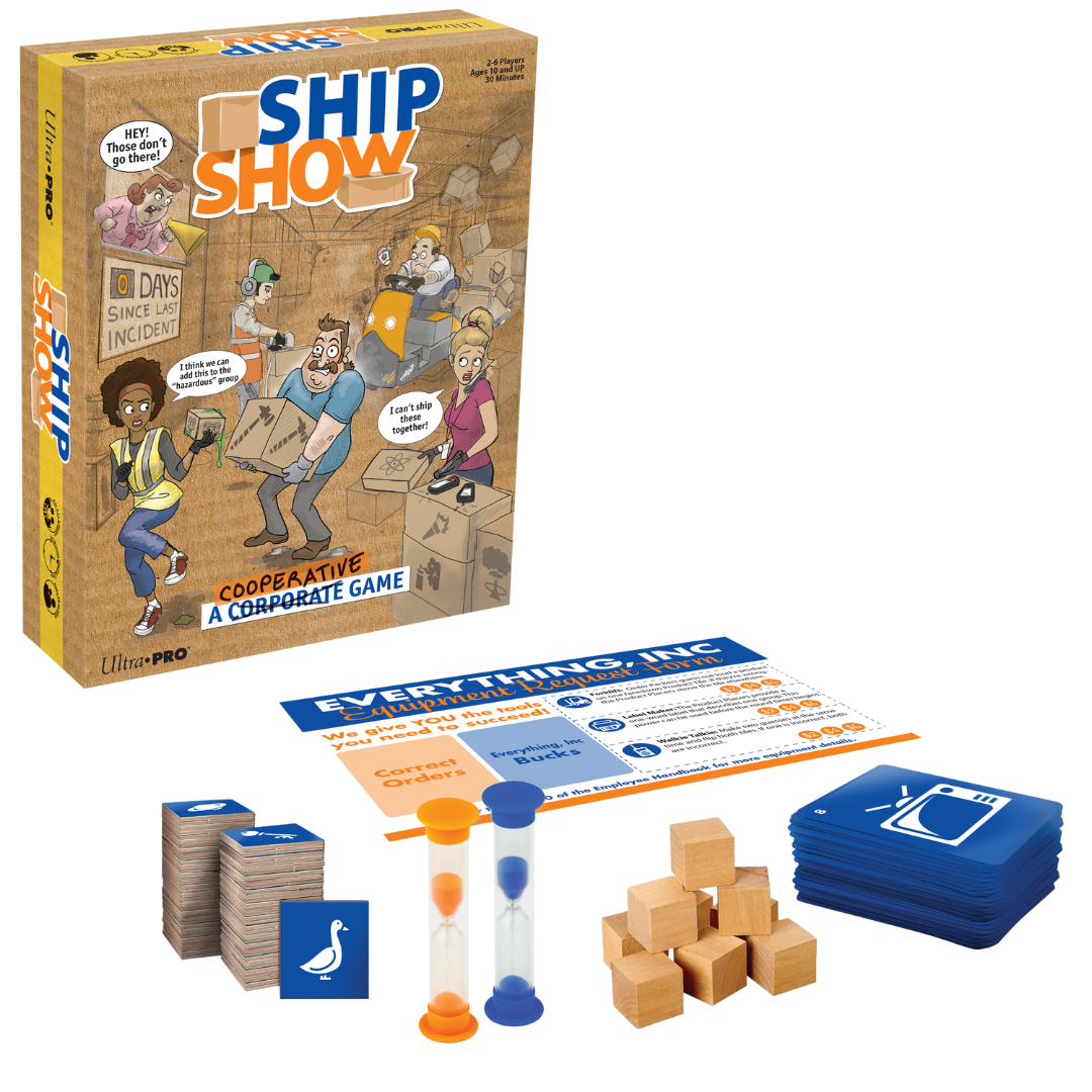Ship Show cooperative board game with fast-paced shipping challenges, teamwork-based gameplay, and time-sensitive order fulfillment for 2-10 players.