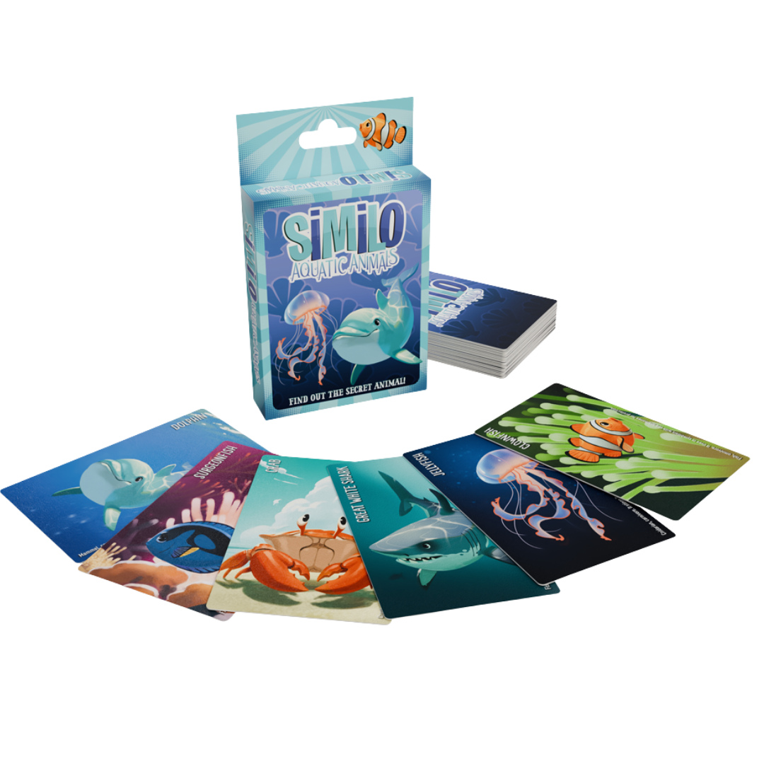Similo Aquatic Animals cards laid out in a grid on table, players discussing clue cards