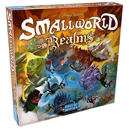 Small World: Realms expansion box featuring modular terrain tiles, preset scenarios, and compatibility with Small World and Small World Underground.