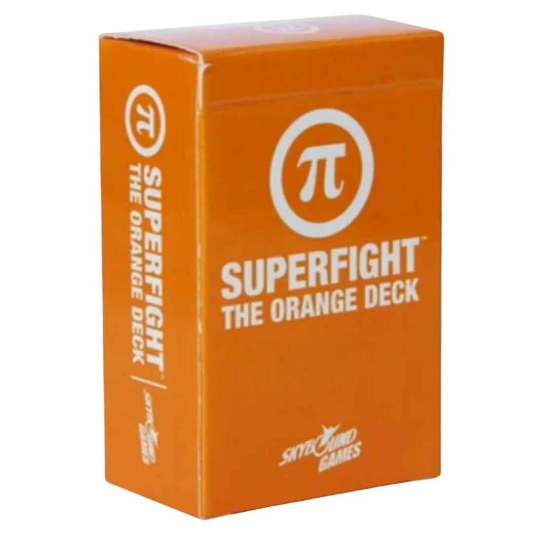 Superfight Orange Deck Geek expansion with 100 nerdy-themed cards featuring sci-fi, comics, and gaming references for ultimate geek showdowns.