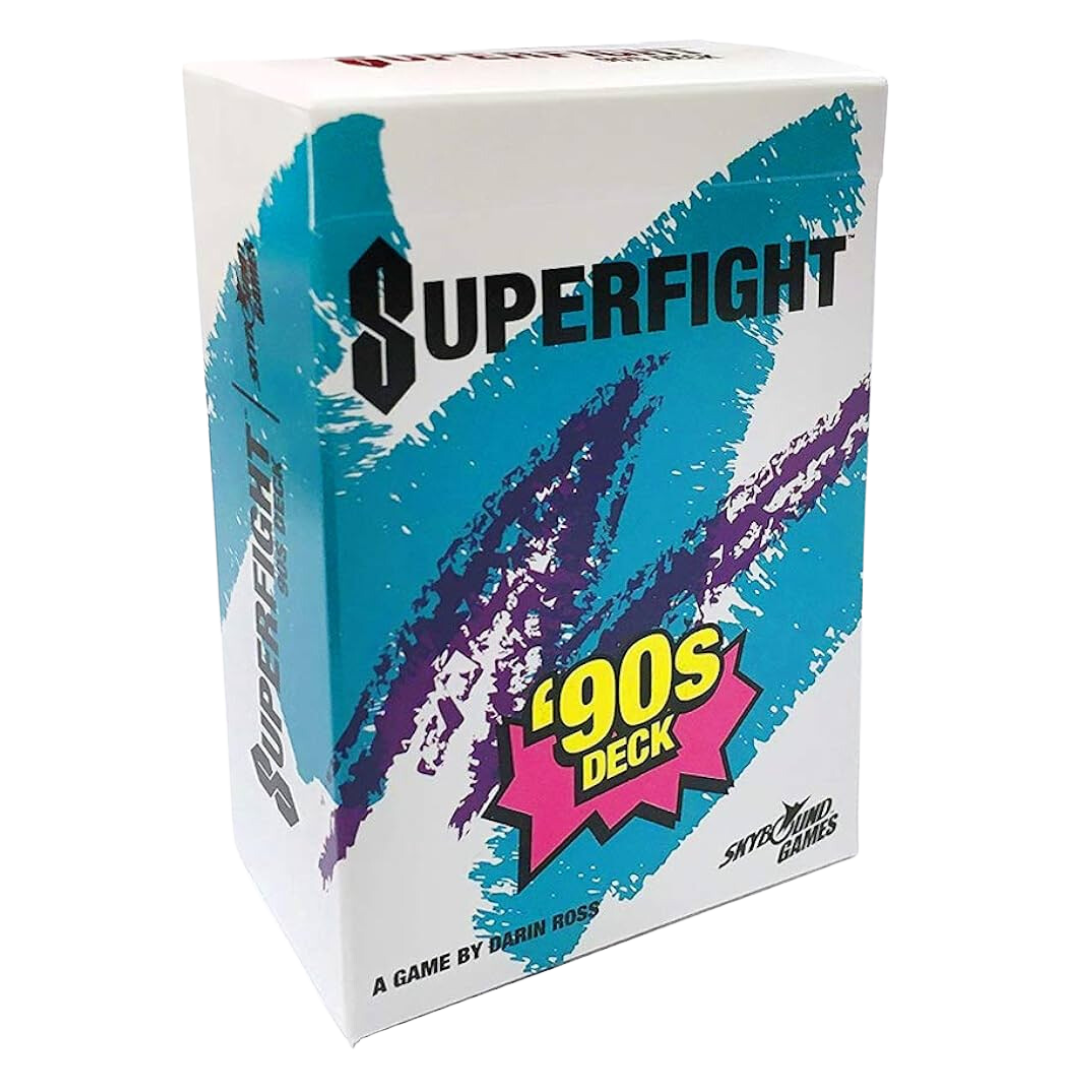 Superfight 90’s Deck expansion pack featuring 100 nostalgic cards inspired by 90s pop culture, perfect for hilarious and unpredictable battles.