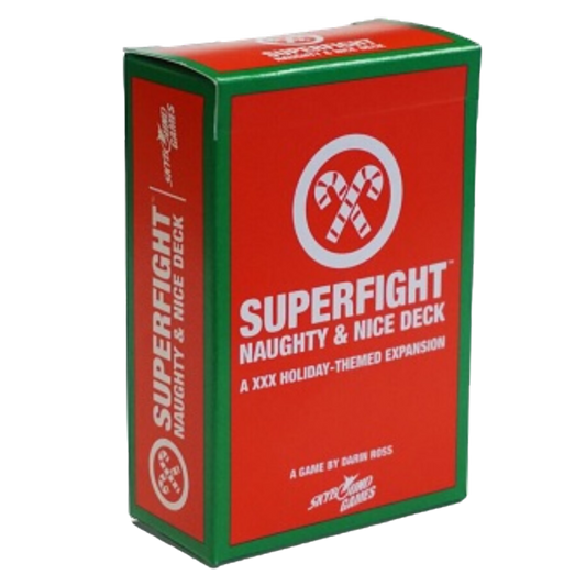 Superfight Naughty & Nice Deck expansion featuring 100 holiday-themed cards with Christmas-inspired characters, abilities, and chaotic fun.