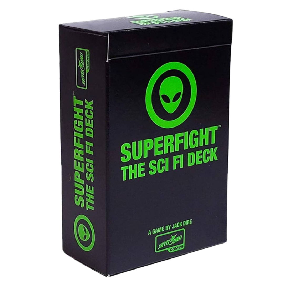 Superfight Sci-Fi Deck expansion with 100 futuristic, space-themed cards featuring aliens, advanced technology, and intergalactic battles.