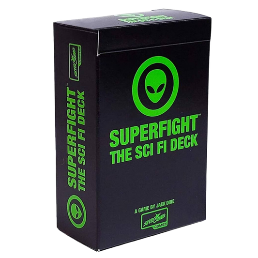 Superfight Sci-Fi Deck expansion with 100 futuristic, space-themed cards featuring aliens, advanced technology, and intergalactic battles.