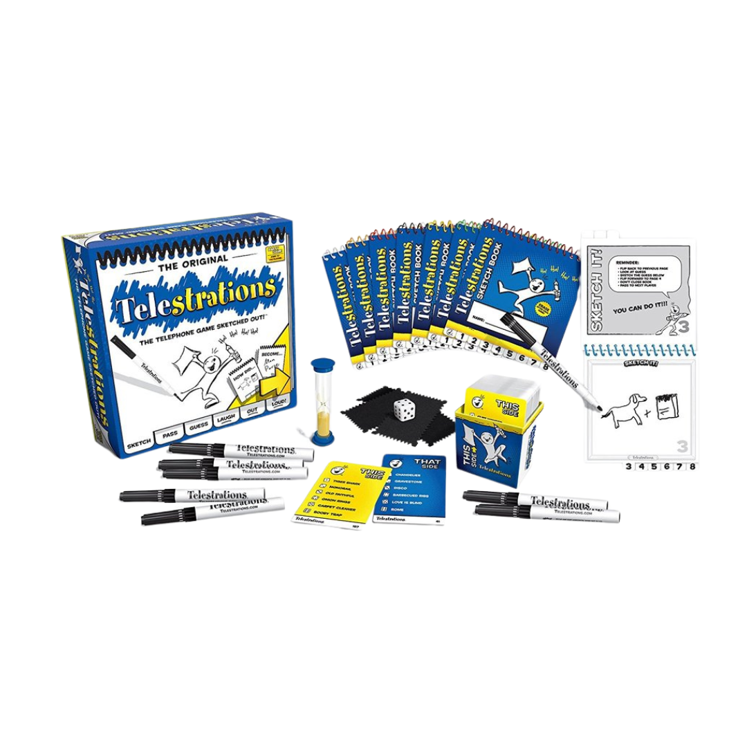 Telestrations Original 8-Player board game, featuring sketchbooks and markers for a fun drawing and guessing experience