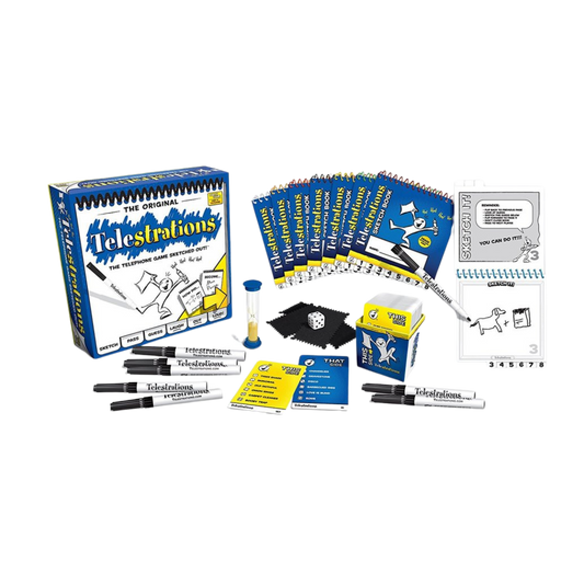 Telestrations Original 8-Player board game, featuring sketchbooks and markers for a fun drawing and guessing experience