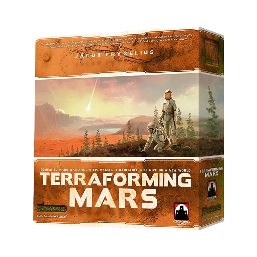 Terraforming Mars board game setup with planetary map, resource trackers, and project cards, where players develop Mars into a habitable world.