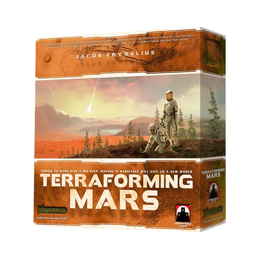 Terraforming Mars board game setup with planetary map, resource trackers, and project cards, where players develop Mars into a habitable world.