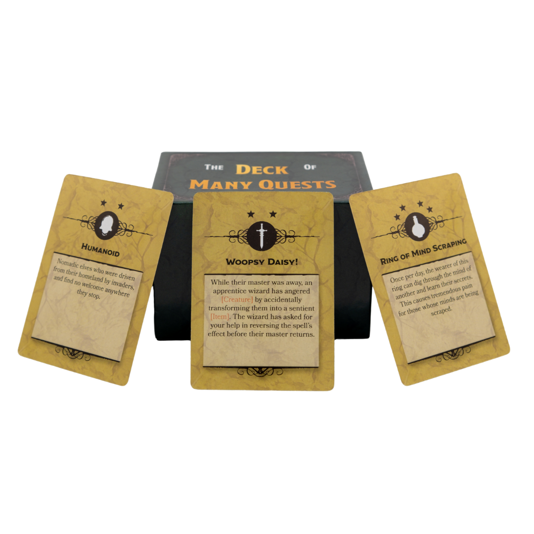 The Deck of Many Quests – a 200-card RPG tool in a stylish magnetic-clasp box, perfect for generating limitless adventures.