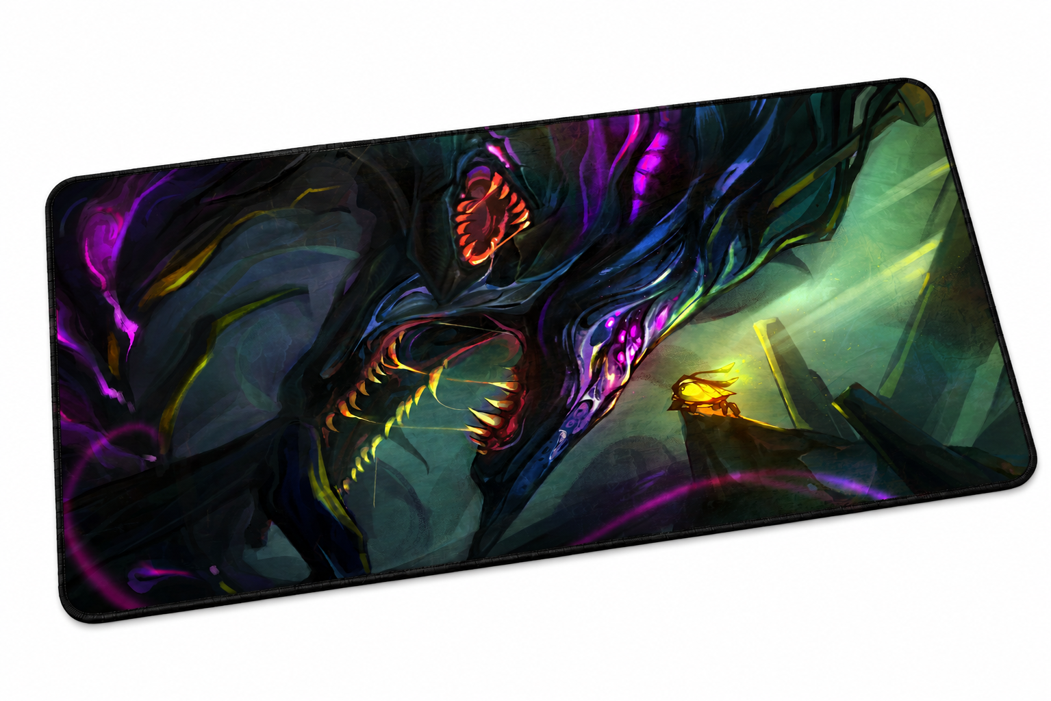 TRUEPLAY Worldbreaker premium full-art TCG playmat with stitched edges and dark fantasy artwork