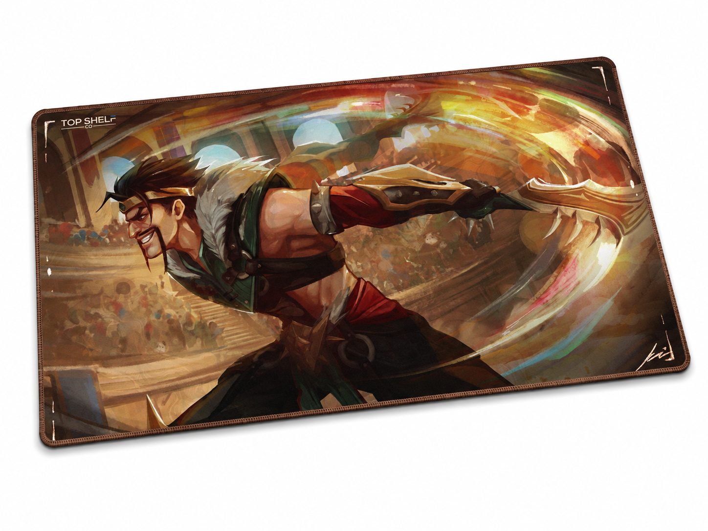 TRUEPLAY x Top Shelf Co. Glorybound premium full-art TCG playmat featuring arena warrior artwork
