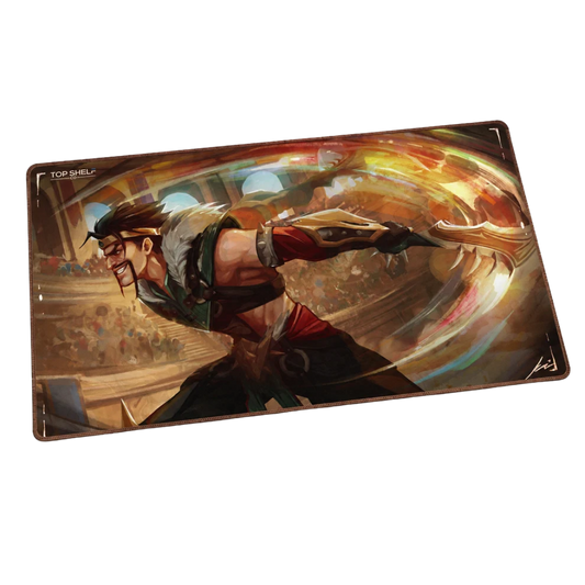 TRUEPLAY x Top Shelf Co. Glorybound premium full-art TCG playmat featuring arena warrior artwork