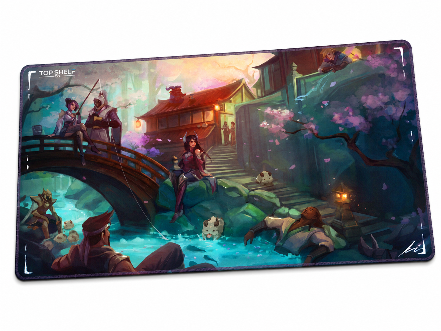TRUEPLAY x Top Shelf Co. Stillwater premium full-art TCG playmat featuring a tranquil fantasy village scene