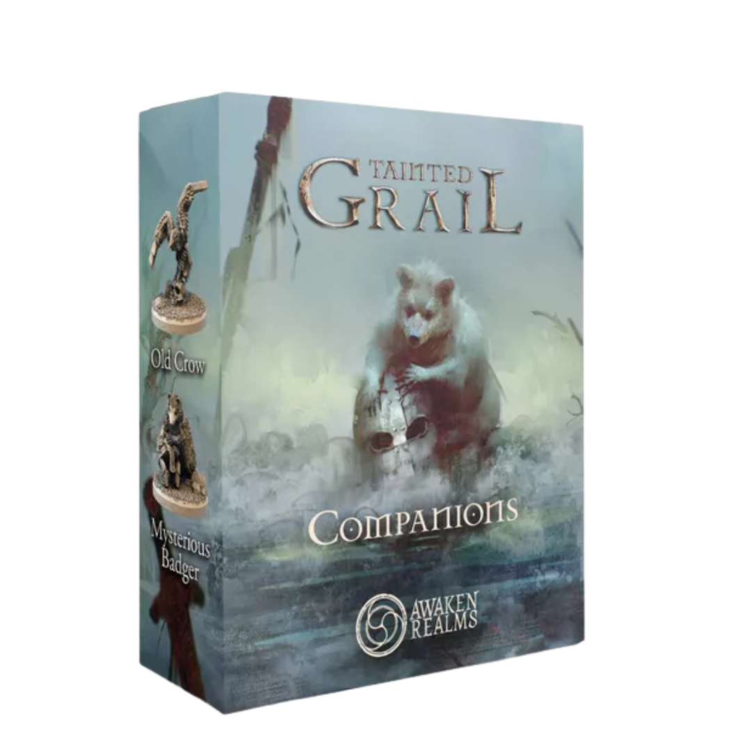 Tainted Grail Animal Companion Add-on featuring four detailed miniatures: crow, badger, piglet, and feral cat for tabletop display.