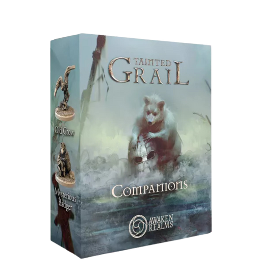 Tainted Grail Animal Companion Add-on featuring four detailed miniatures: crow, badger, piglet, and feral cat for tabletop display.
