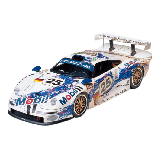 1/24 scale Tamiya Porsche 911 GT1 model kit featuring a detailed racing interior with a roll cage, removable rear cowl, and decals to replicate the authentic livery of the iconic endurance race car.