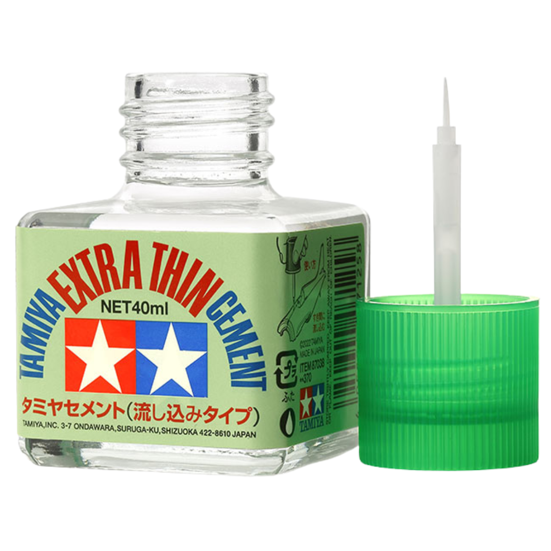 Tamiya Extra Thin Cement 40 ml bottle with fine brush applicator for model assembly