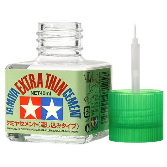Tamiya Extra Thin Cement 40 ml bottle with fine brush applicator for model assembly