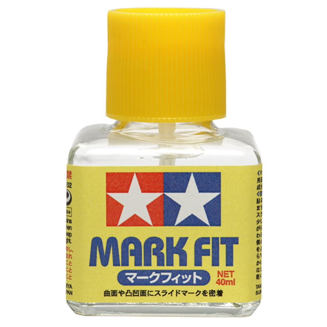 Tamiya Mark Fit decal solution bottle, 40 ml, with brush applicator for model decals