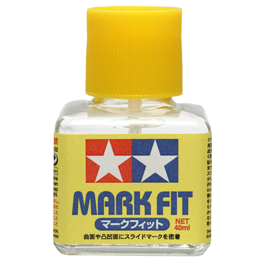 Tamiya Mark Fit decal solution bottle, 40 ml, with brush applicator for model decals