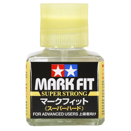 Tamiya Mark Fit Super Strong decal solution bottle, 40 ml, with brush applicator for precise decal fitting