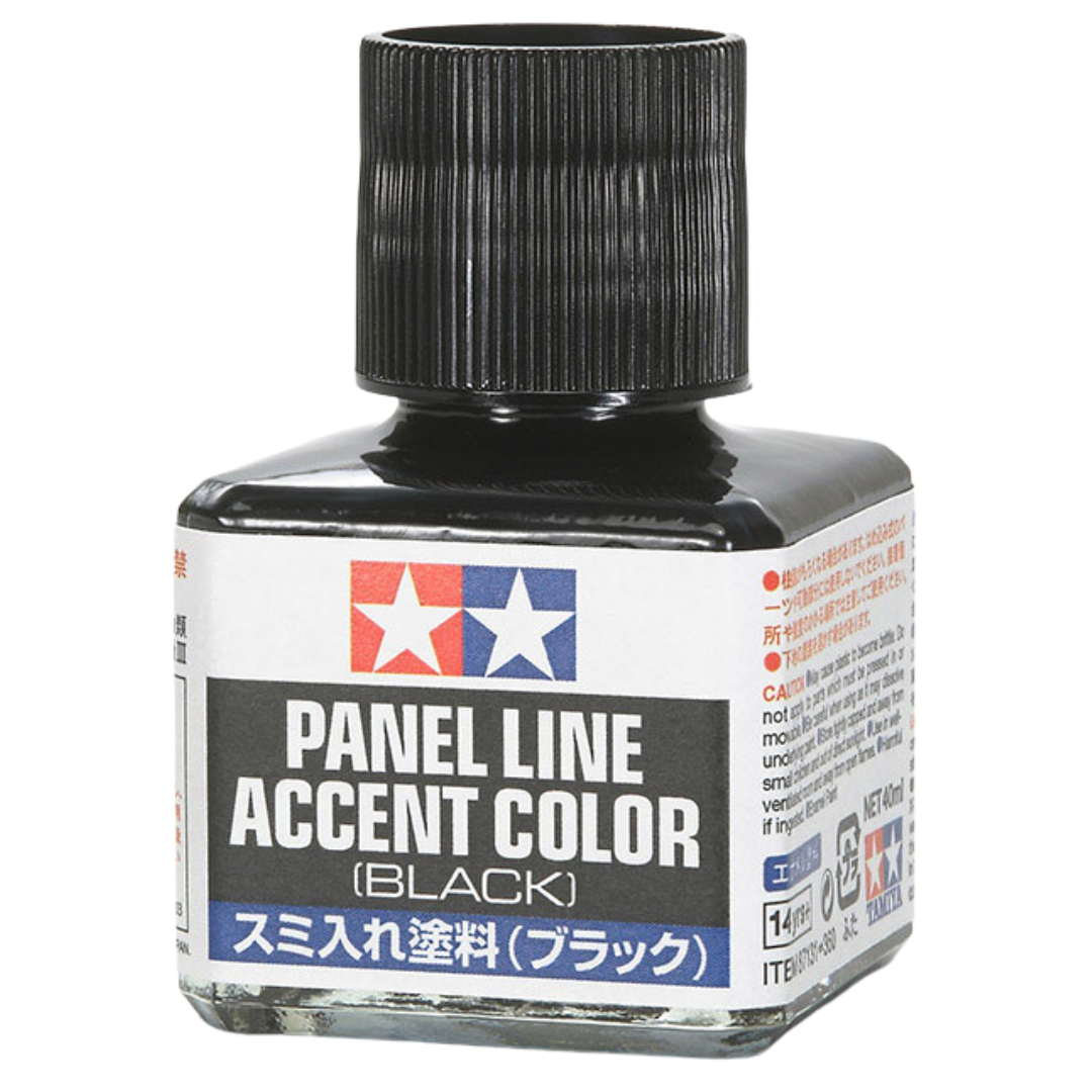 Tamiya Panel Line Accent Color Black 40 ml bottle with brush applicator for detailing model panel lines