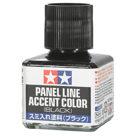 Tamiya Panel Line Accent Color Black 40 ml bottle with brush applicator for detailing model panel lines