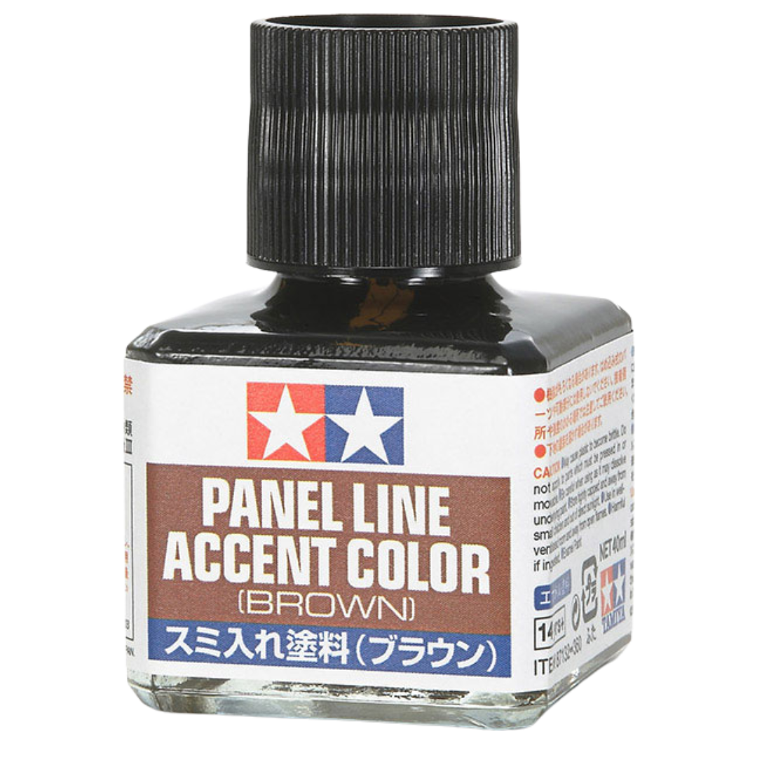 Tamiya Panel Line Accent Color Brown 40 ml bottle with brush applicator for model detailing