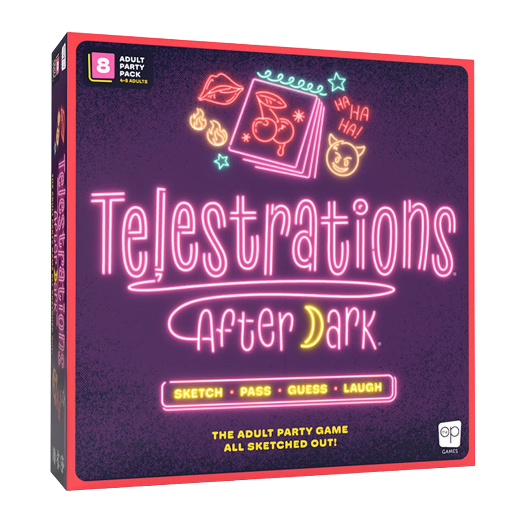 Telestrations After Dark adult party board game box and gameplay with drawing boards and cards on table