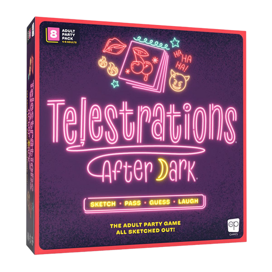 Telestrations After Dark adult party board game box and gameplay with drawing boards and cards on table