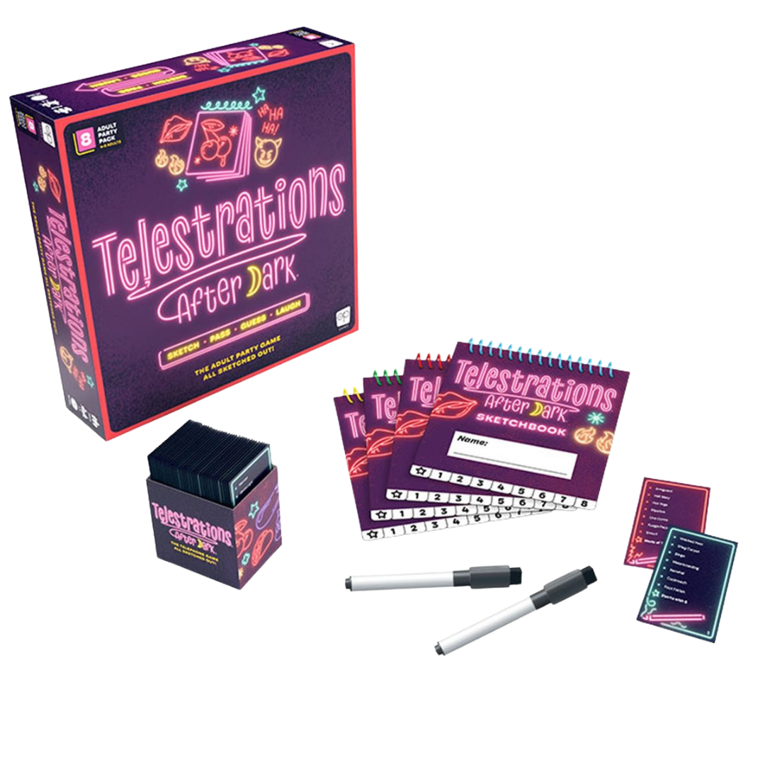 Telestrations After Dark adult party board game box and gameplay with drawing boards and cards on table