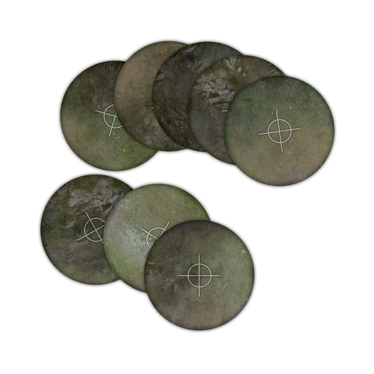 Warhammer 40K objective templates with a 40mm center ring and 3" extension for precise battlefield positioning.