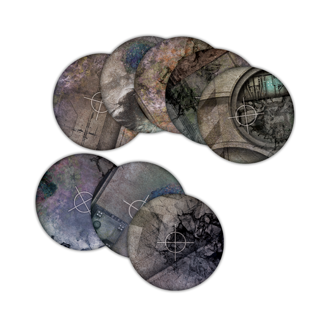 Warhammer 40K-compatible Grim Battlefield objective templates with 40mm center ring and 3" extensions for precise in-game measurements.