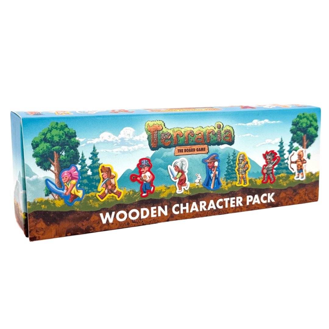 Terraria The Board Game Wooden Character Pack box with illustrated playable character designs