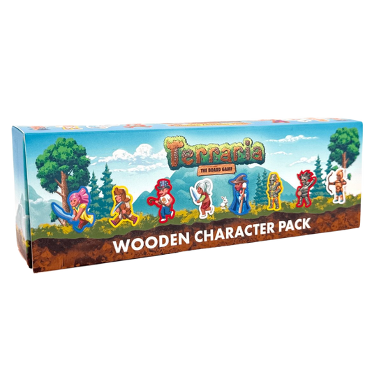 Terraria The Board Game Wooden Character Pack box with illustrated playable character designs