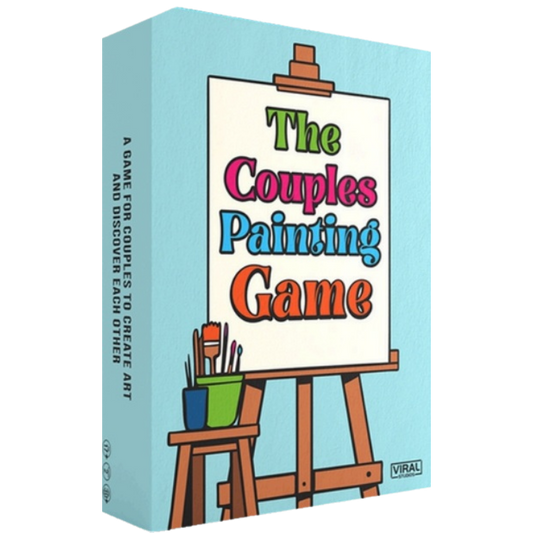 The Couples Painting Game set with paint supplies and prompt cards for interactive art game
