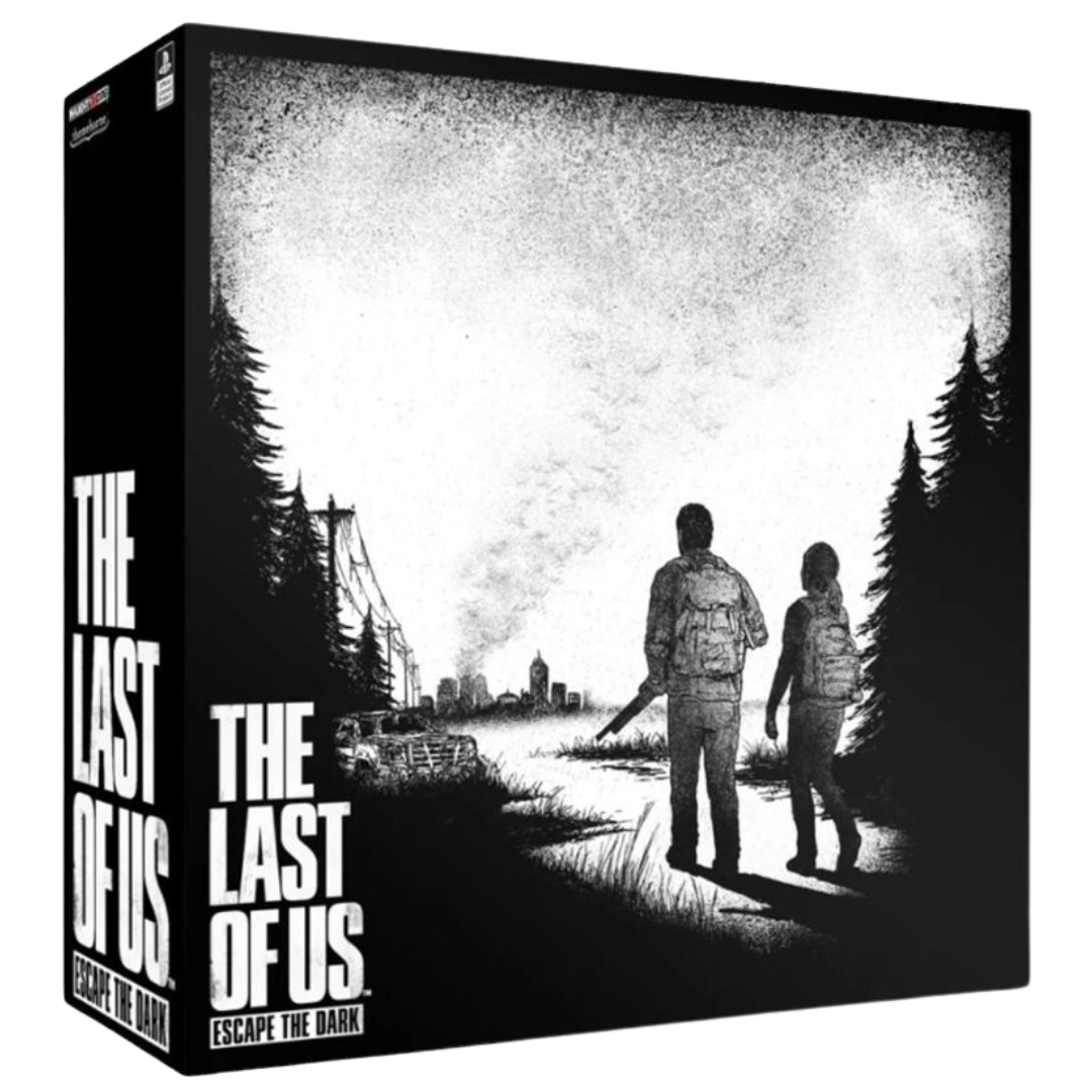 The Last of Us: Escape the Dark board game box, cooperative survival game featuring black-and-white artwork and characters from the iconic video game.

