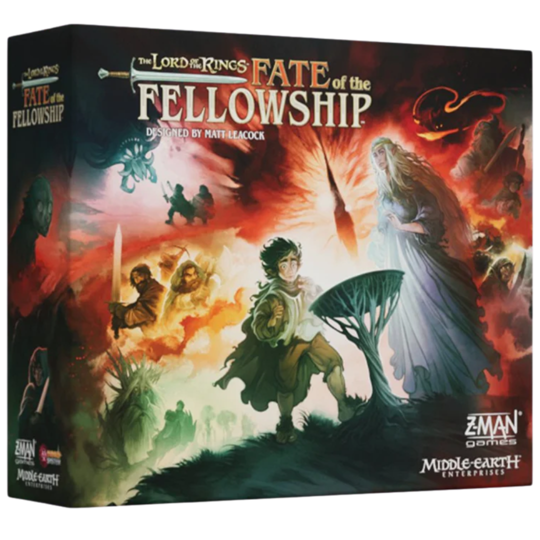 Fate of the Fellowship game board with miniatures, cards, tokens, and dice set up for cooperative play
