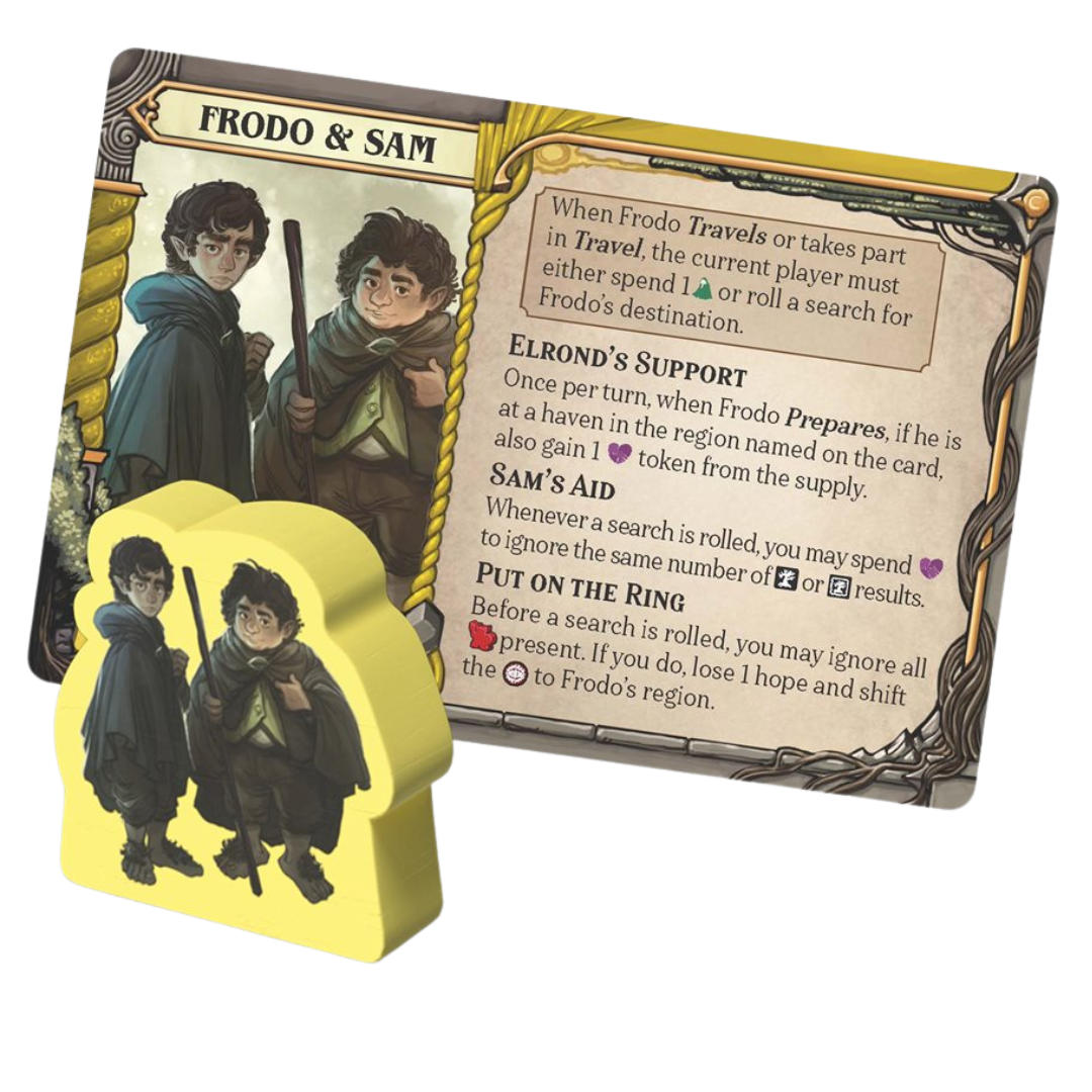 The Lord of The Rings: Fate of The Fellowship Sam and Frodo character Figure and character card.