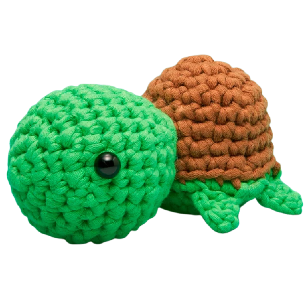 The Woobles Emilio the Turtle finished green crochet figure with brown shell