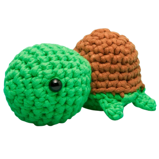 The Woobles Emilio the Turtle finished green crochet figure with brown shell