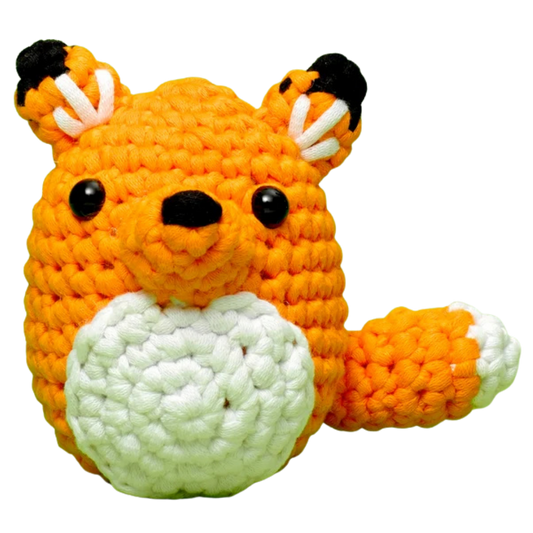 The Woobles Felix the Fox finished orange crochet figure with white belly and curled tail
