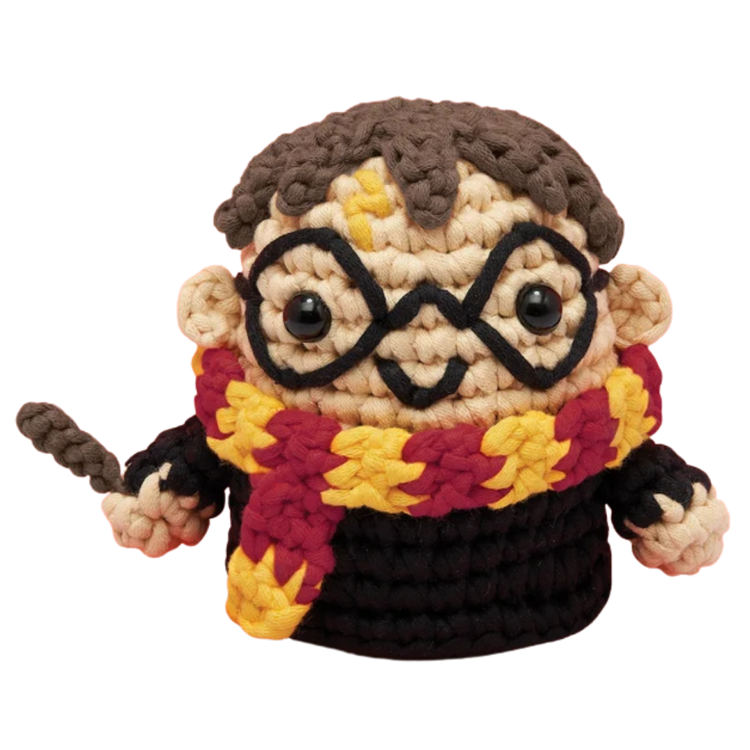 The Woobles Harry Potter crochet figure with glasses, Gryffindor scarf, lightning scar, and wand