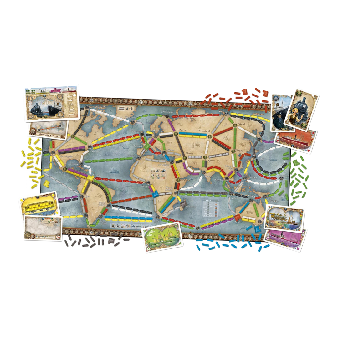 Ticket to Ride: Rails & Sails game board featuring a world map with train and ship routes connecting cities across land and sea.