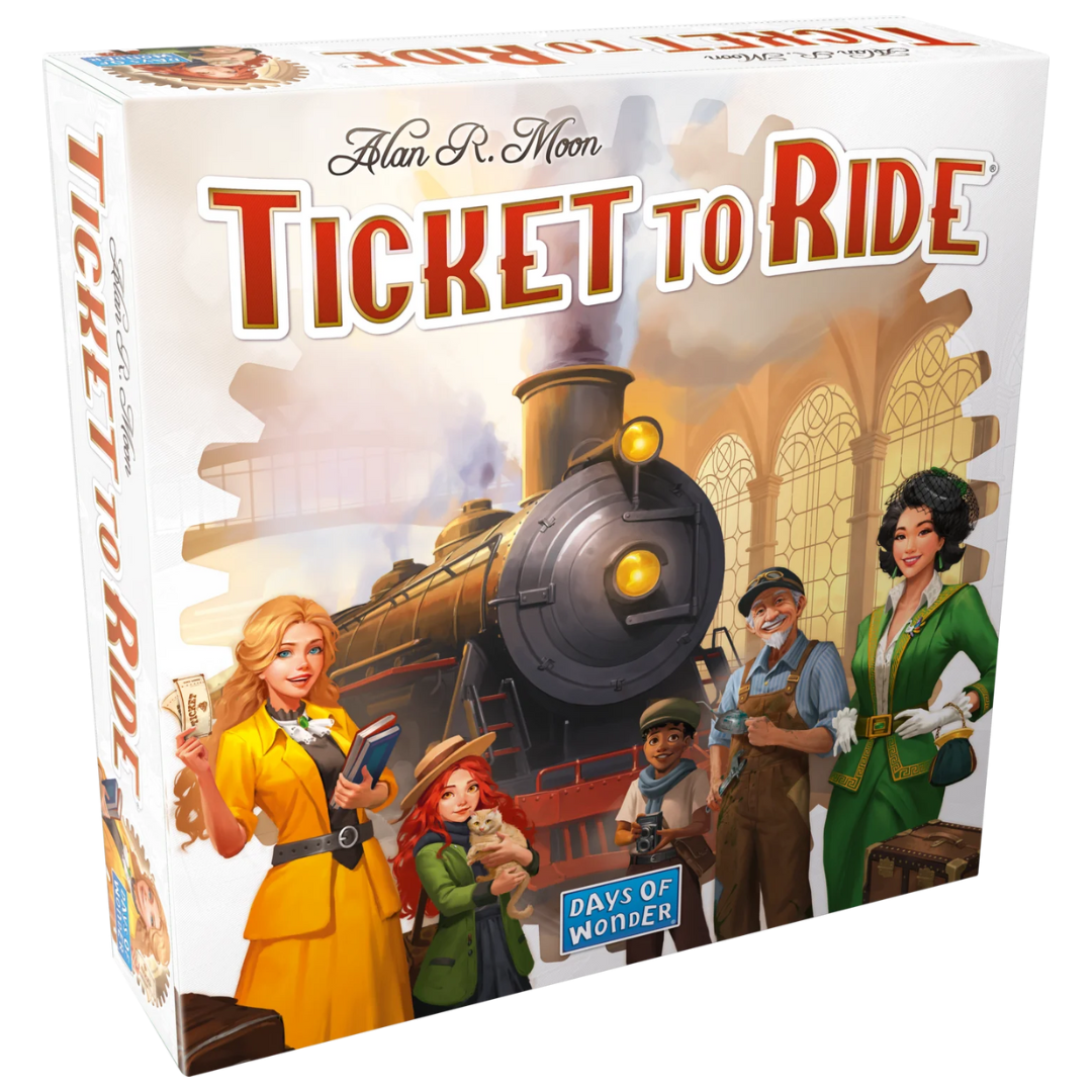 Ticket to Ride board game box, North America map board, plastic train pieces and train cards displayed on table