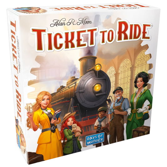 Ticket to Ride board game box, North America map board, plastic train pieces and train cards displayed on table
