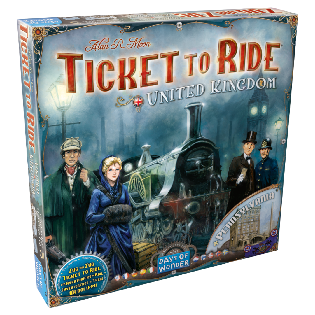 Ticket to Ride: United Kingdom & Pennsylvania expansion featuring a double-sided board, technology upgrades, and a bidding mechanic for railroads.