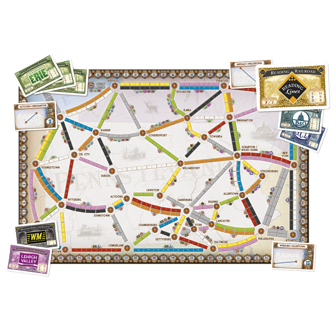 : Ticket to Ride: United Kingdom & Pennsylvania expansion with a double-sided board, technology upgrades, and a bidding mechanic for rail routes.